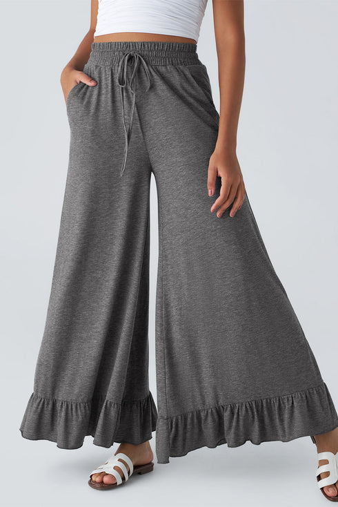 Pull On Elastic High Waist Drawstring Pocket Ruffle Hem Wide Leg Pants